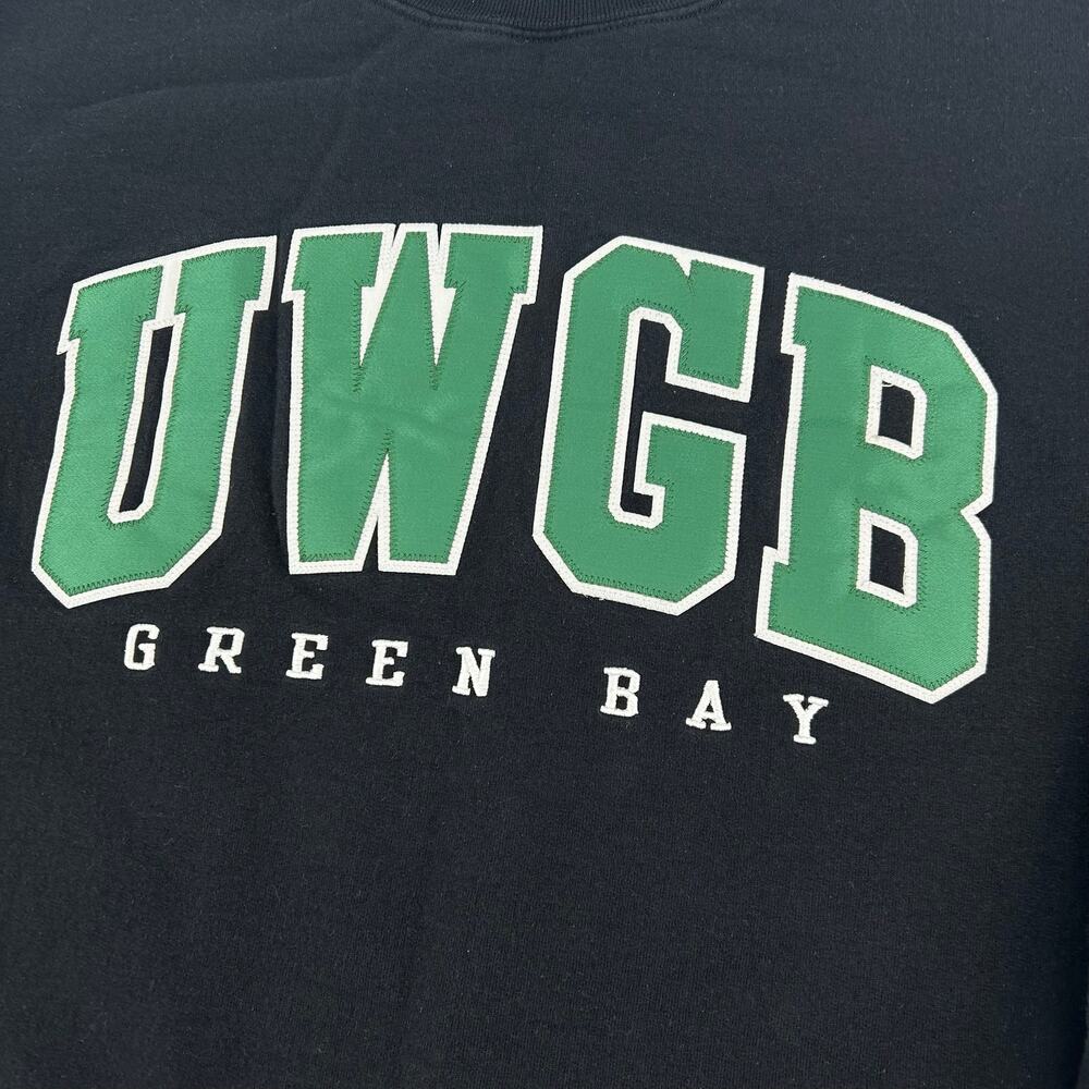 VTG Men's Black Green Champion UWGB UW Green Bay Phoenix Crewneck Sweatshirt XL - Picture 3 of 6